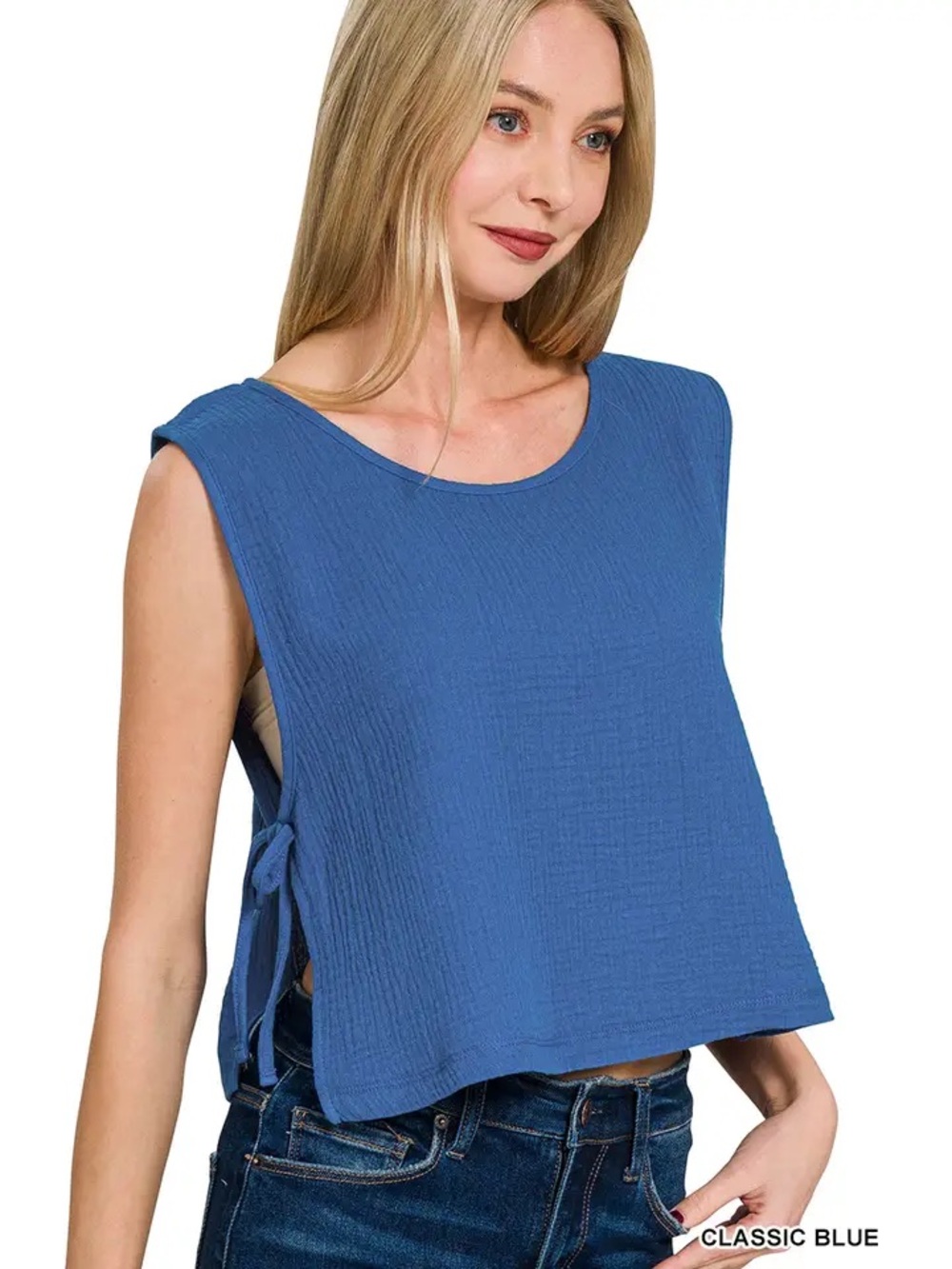 Zenana Double Gauze Side Tie Sleeveless Top Classic Blue